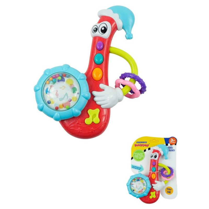 Dětské chrastítko s melodií BABY MIX – saxofon, červené