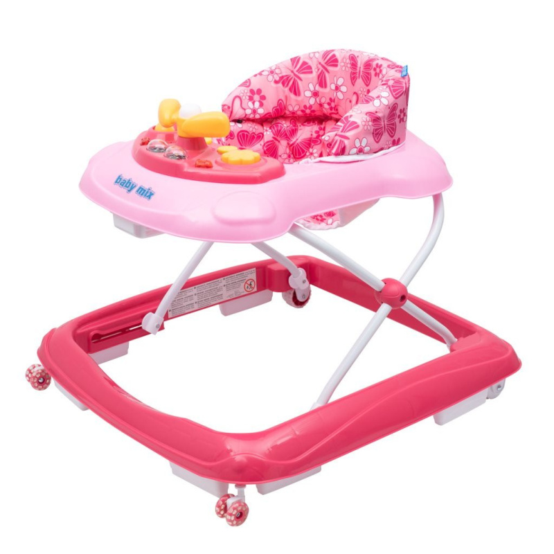 Dětské chodítko Baby Mix s volantem a silikonovými kolečky – růžové