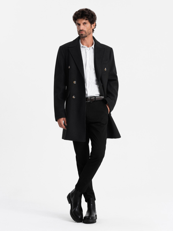 Ombre Men's double-breasted coat with decorative buttons - black