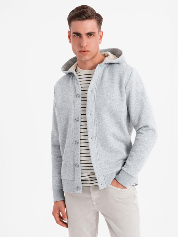 Ombre Men's button-down hooded sweatshirt - grey melange