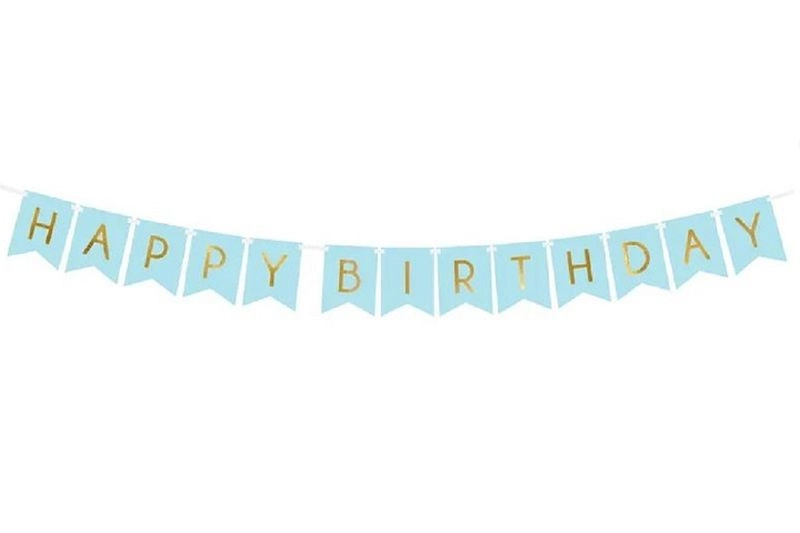 PartyDeco narozeninový baner Happy Birthday světle modrý se zlatým nápisem 15 × 175 cm