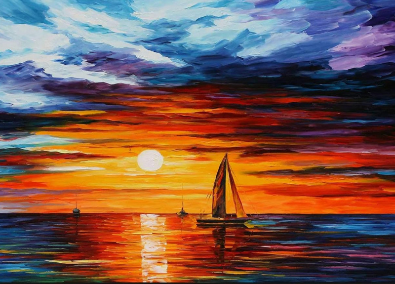 Diamantové malování – plachetnice při západu slunce 30 × 40 cm