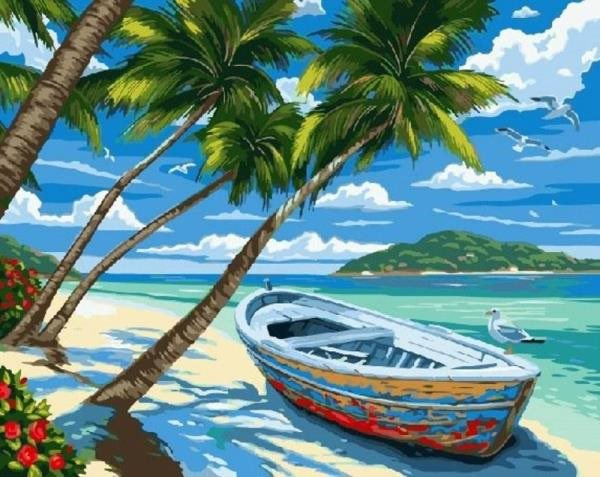 Diamantové malování – pláž s palmami a lodí 30 × 40 cm