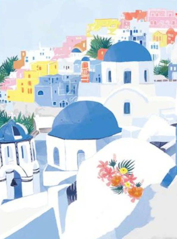 diamantové malování modré střechy v santorini 30 × 40 cm