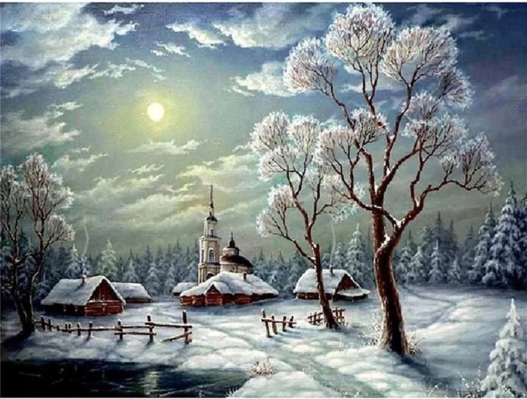 diamantové malování zasněžená zimní krajina 30 × 40 cm