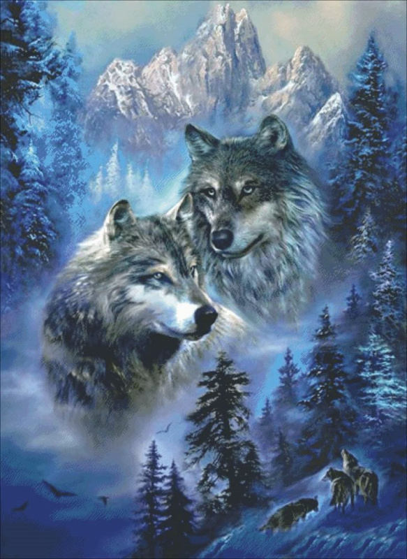 Diamantové malování – dva vlci v horách 30 × 40 cm