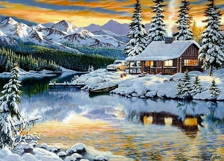 Norimpex Malování podle čísel Zasněžená chata u jezera 40 × 50 cm