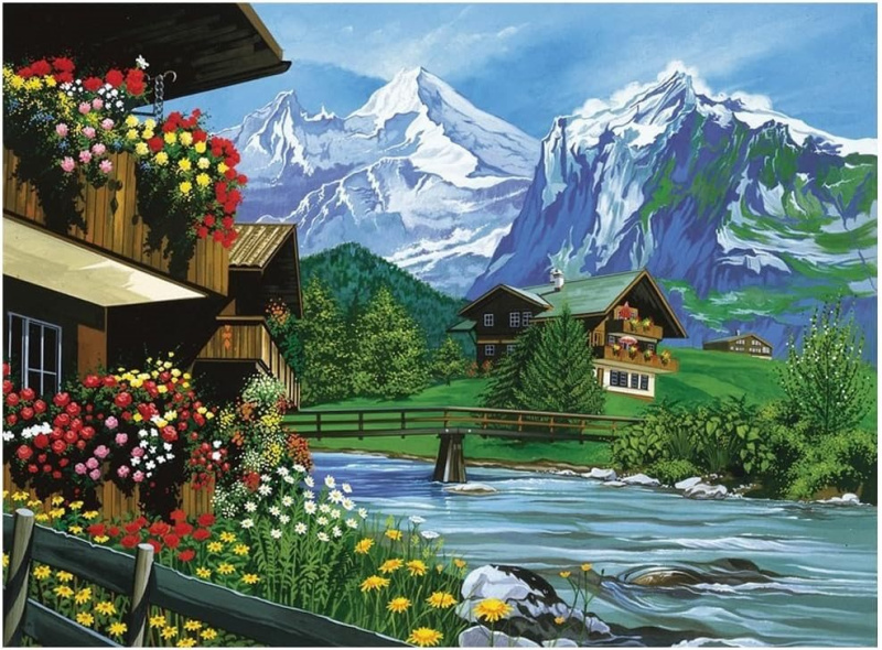 Diamantový obrázek - Chata na horách u potoka 30x40cm