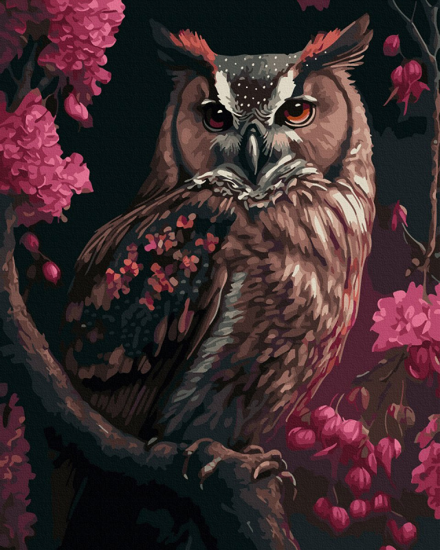 Výr a sakura 30 x 40 cm (Diamantový obrázek)