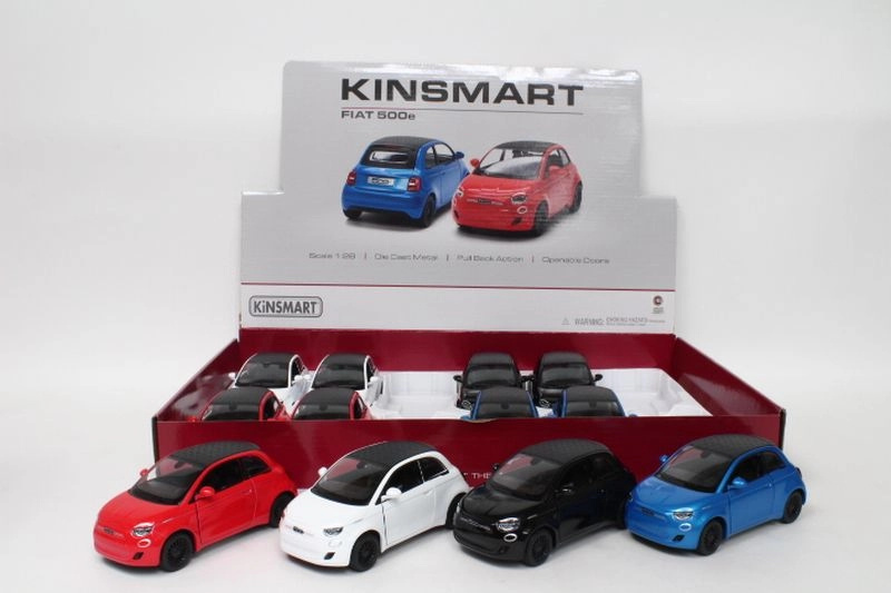 Model auta Fiat 500e 1:28 s pohonem (12 ks v prodejním displeji)