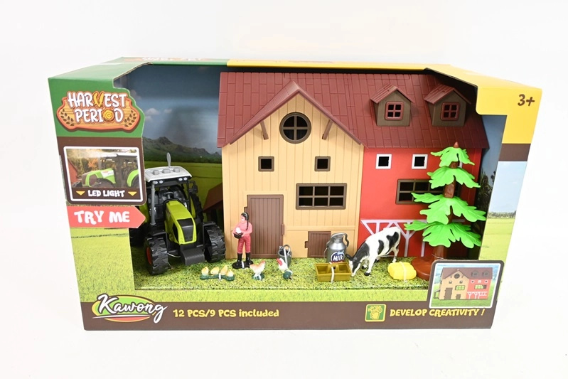 Farmářská budova s traktorem se světelným efektem LED a doplňky - 1 kus