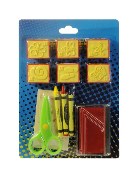 Barevná sada razítek s houbičkou, pastelkami a nůžkami
