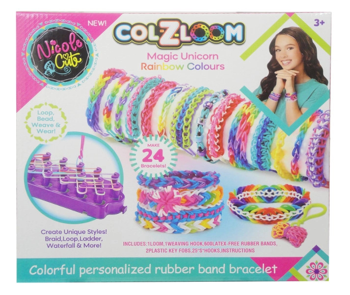 Sada barevných gumiček s pletacím stavem na náramky