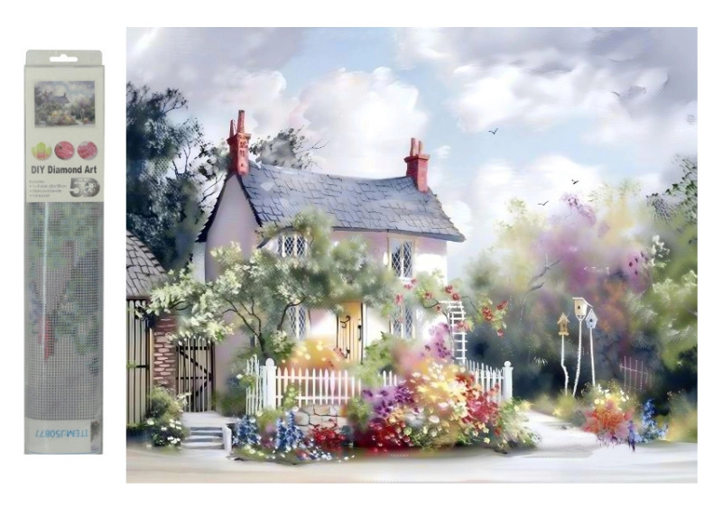 Diamantová mozaika Domek na vsi – DIY kreativní sada 40 × 30 cm