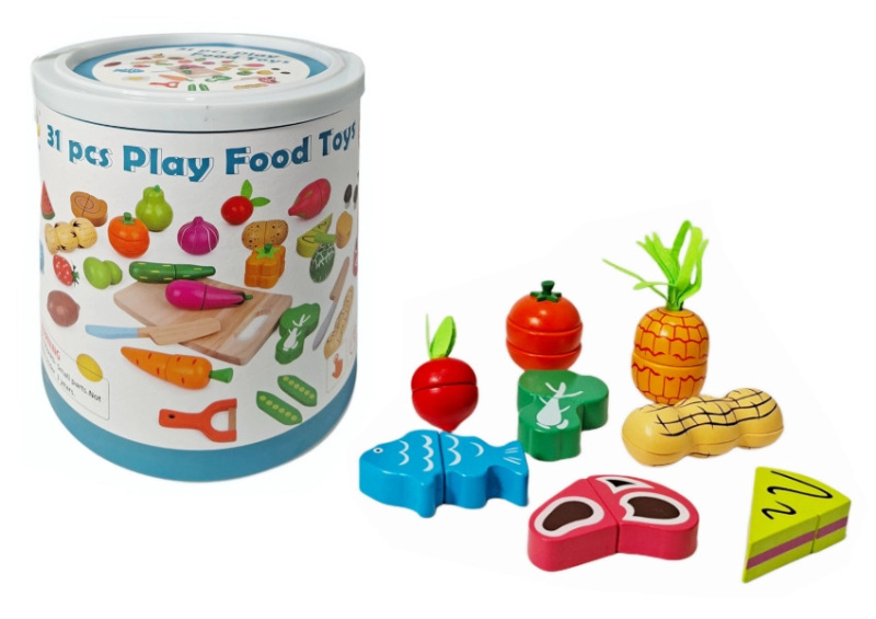 Dřevěné ovoce a zelenina na krájení ve vědérku