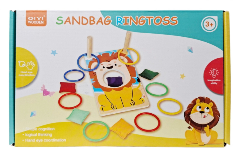 Dřevěná házecí hra s kroužky a sáčky – lvíček