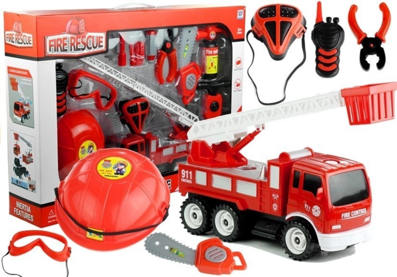 Lean Toys Sada hasičského hasicího přístroje hasičské auto helmy viděla 14 prvků