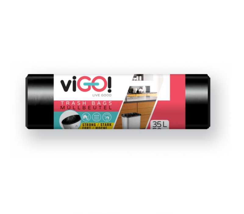 Pytle na odpadky viGO - černé, pevné 35l,  LPDE,23 µm, 15 ks