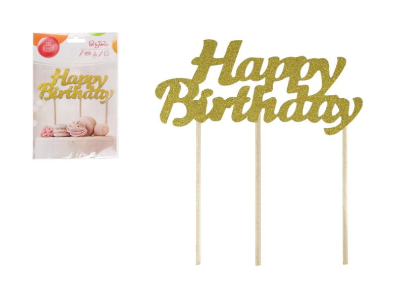 Zlatý zápich do dortu Happy Birthday s třpytkami