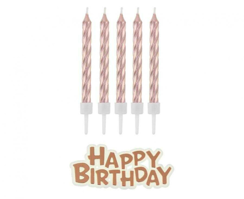 Dortové svíčky Happy Birthday růžové zlaté