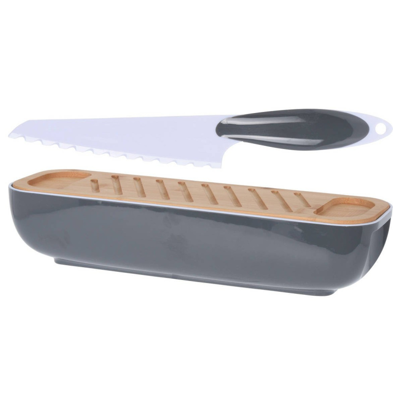 EH Excellent Houseware Chlebník s dřevěným víkem, nůž v sadě, barva tmavě šedá antracitová