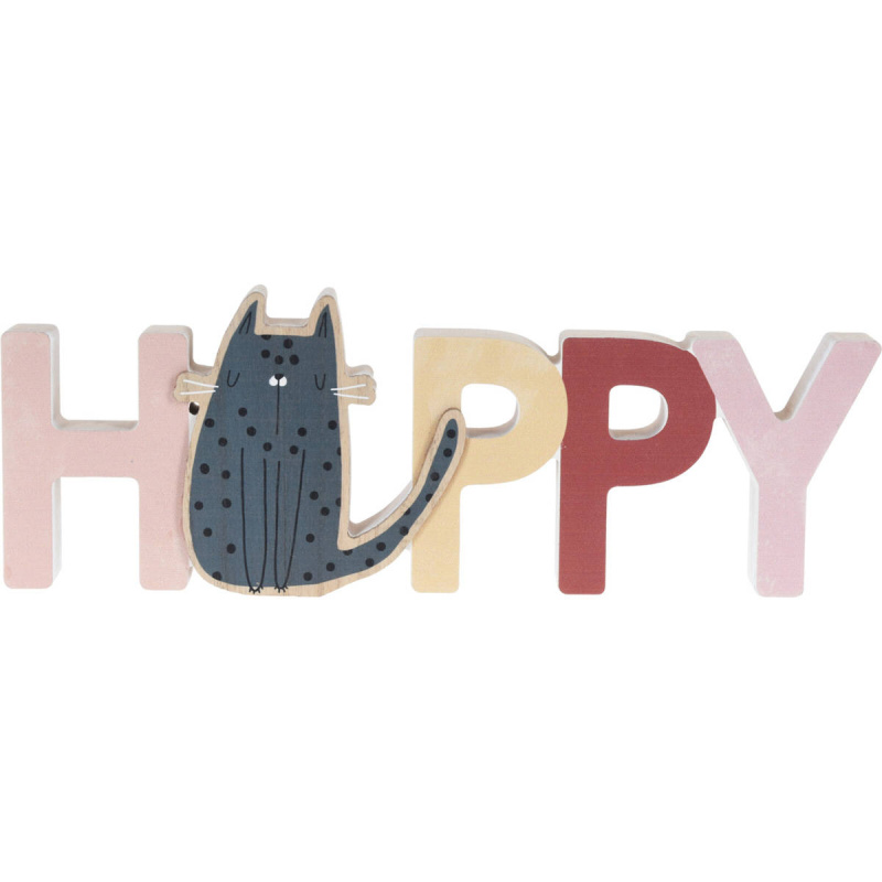 Home Styling Collection Dekorace do dětského pokoje Nápis a kočka HAPPY, dřevěná, 28 x 2,5 x 12 cm vícebarevný