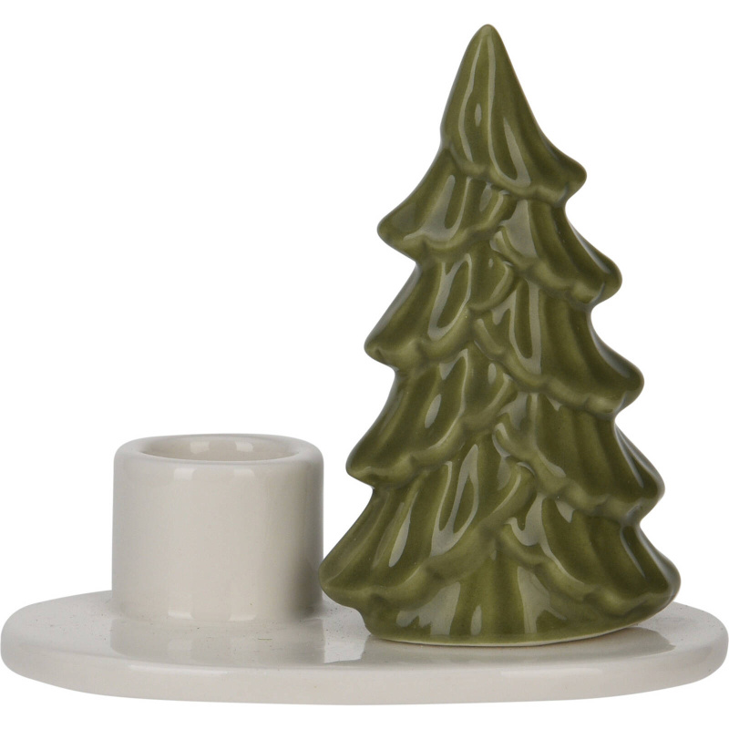 Home Styling Collection Keramický svícen se stromečkem, 8 cm, tmavě zelená barva bílá