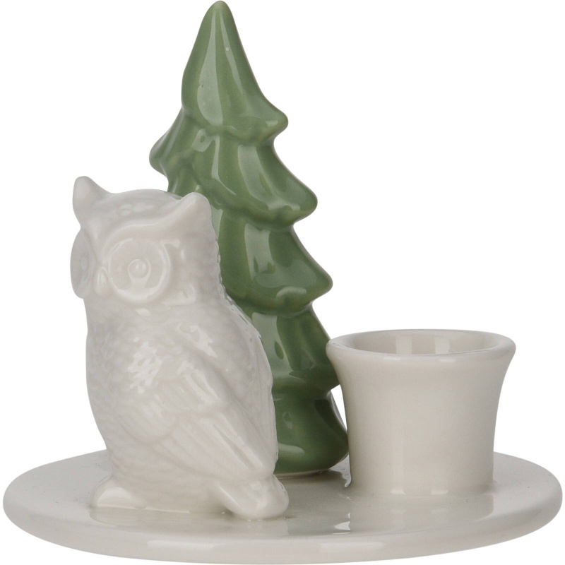 Home Styling Collection Keramický svícen se stromečkem, 8 cm, vzor sovy bílá
