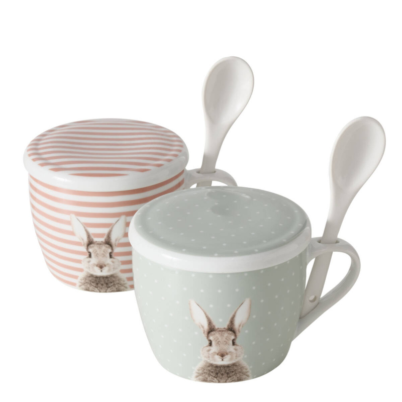 Boltze Home Porcelánový hrnek s víkem a lžicí FLUFFY, zajíček, 600 ml, růžový růžová