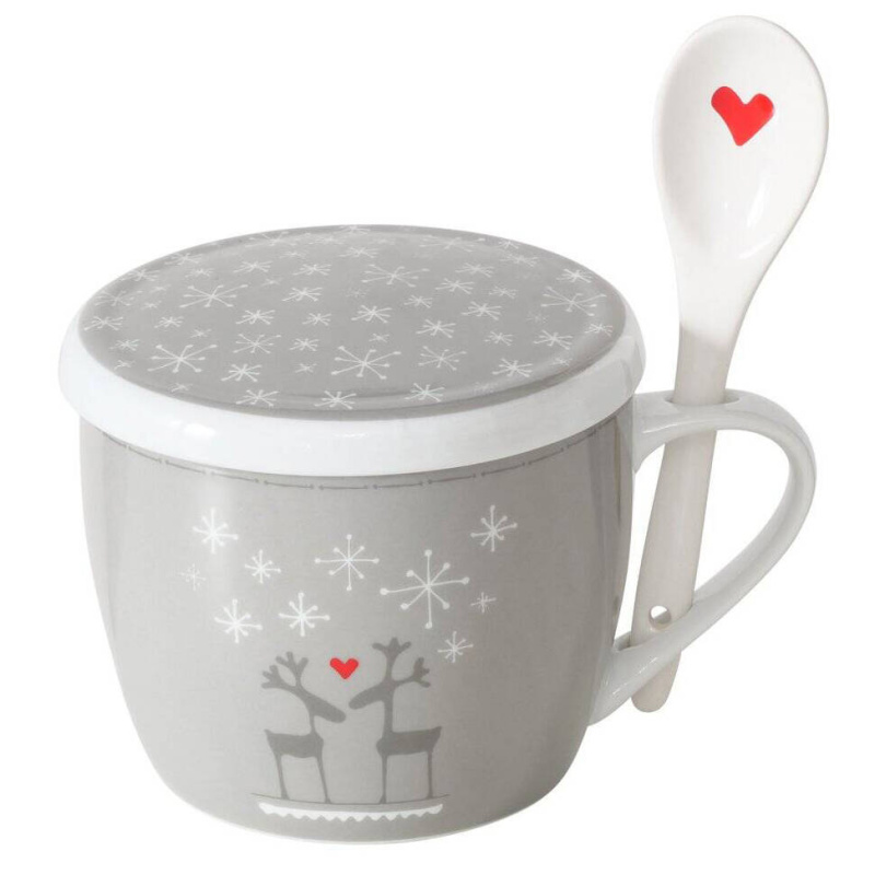 Boltze Home Vánoční hrnek jumbo s víkem a lžící LOVELIES, 600 ml šedá