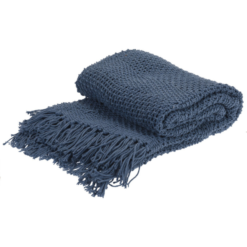 Home Styling Collection Bavlněný přehoz na postel s třásněmi, 130 x 170 cm, tmavě modrý tmavě modrý