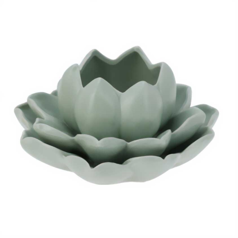 Home Styling Collection Svícen na čajovou svíčku ve tvaru lotosového květu z porcelánu, 12,5 x 13 x 6,5 cm, zelený zelený
