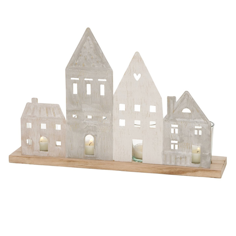 Boltze Home Svícen na čajovou svíčku, dřevěné domy, NORDY, 24 x 36 cm béžová