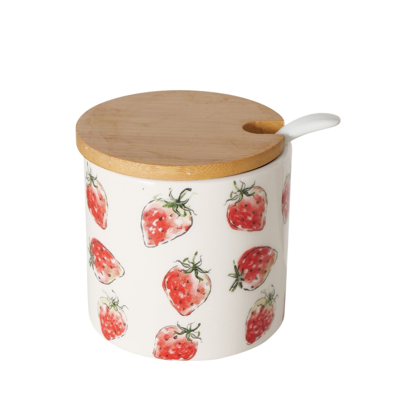 Boltze Home Keramická dóza se lžičkou a bambusovým víčkem, STRAWBERRY vícebarevný