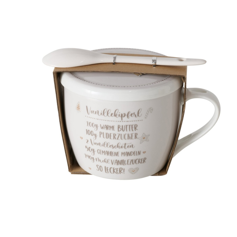 Boltze Home Porcelánový hrnek s víčkem a lžičkou, BAKERY, 600 ml béžová