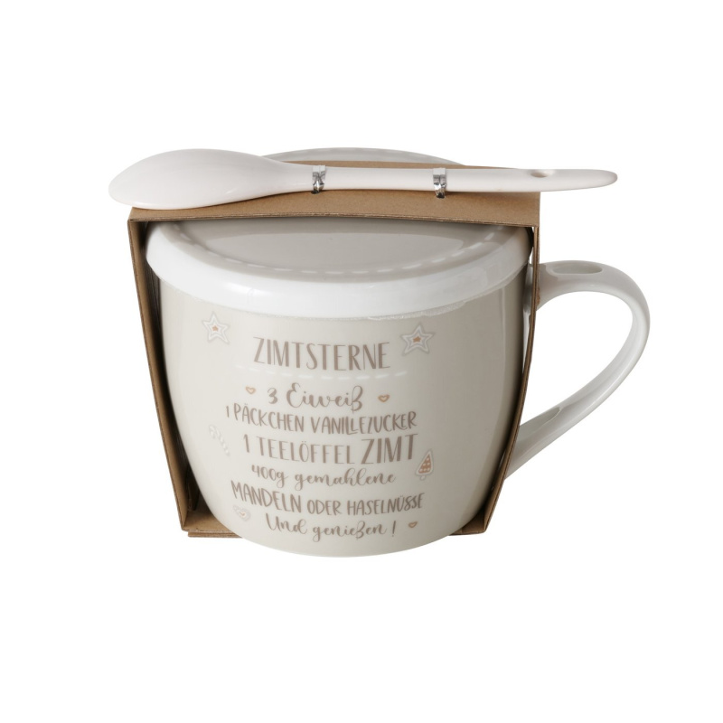 Boltze Home Hrnek s víčkem a lžičkou, BAKERY, 600 ml, porcelánový béžová