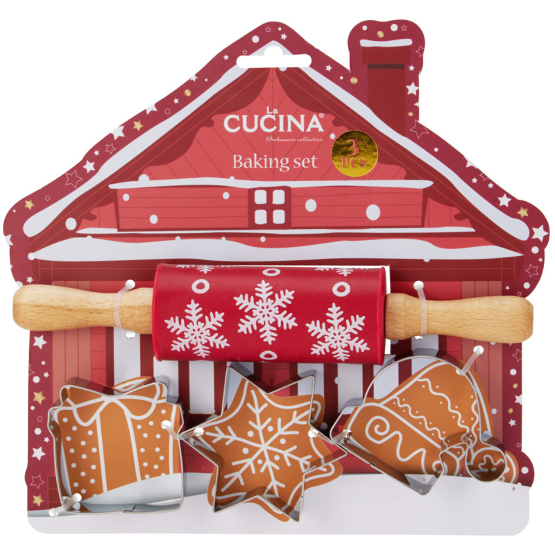La Cucina Sada na pečení pro děti TIVOLA, mini váleček se vzorem sněhových vloček + 3 formičky červený