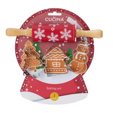 La Cucina Sada na pečení pro děti TIVOLA, mini váleček se vzorem sněhových vloček + 3 formičky červený