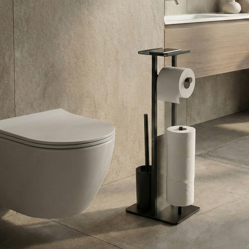 NUXIO Stojan na toaletní papír a WC štětku s poličkou HYLLA, černý, 65 cm černá 103499