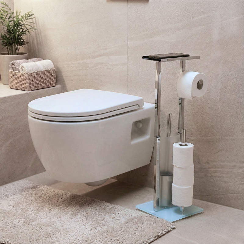 NUXIO Stojan na toaletní papír a WC štětku s poličkou na telefon HYLLA, 65 cm stříbrný 103500