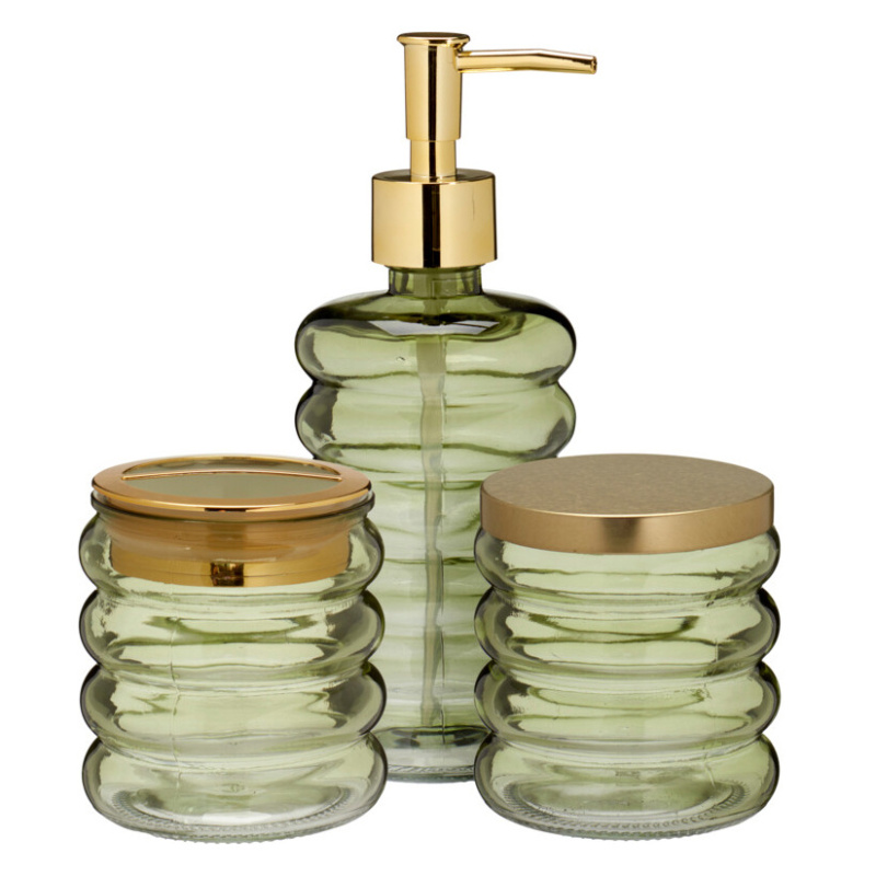 Bathroom Solutions Koupelnová sada HUM, skleněný dávkovač, kelímek, dóza, 3 kusy zelený