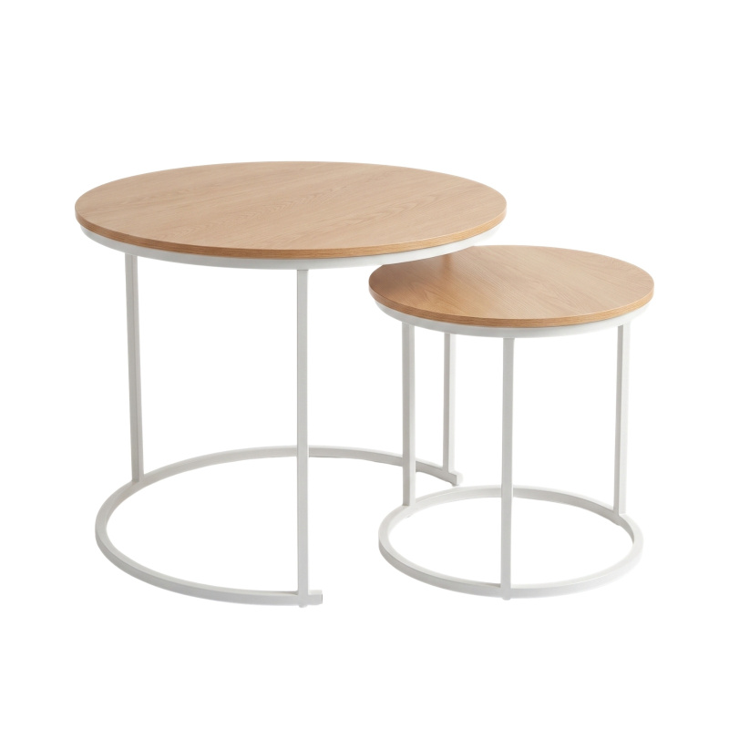 SCENA LIVING Sada 2 kulatých konferenčních stolků, Ø 60 cm x 50 cm - dubový dekor / bílý rám hnědý