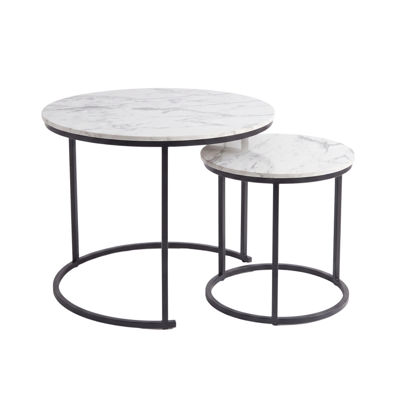 SCENA LIVING Sada 2 kulatých konferenčních stolků, Ø 60 cm x 50 cm - bílý mramor / černý rám bílý