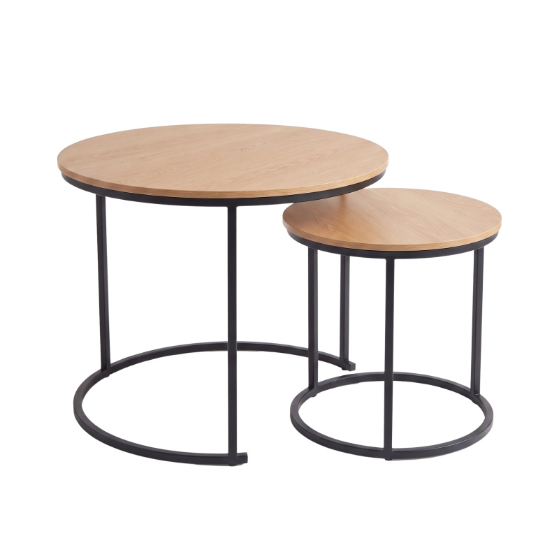 SCENA LIVING Sada 2 kulatých konferenčních stolků, Ø 60 cm x 50 cm - dubový dekor / černý rám hnědý