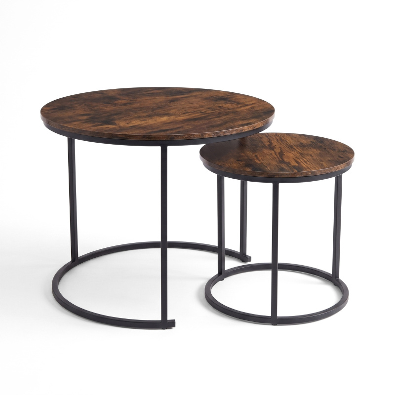 SCENA LIVING Sada 2 kulatých konferenčních stolků, Ø 60 cm x 50 cm - ořechový dekor / černý rám hnědý