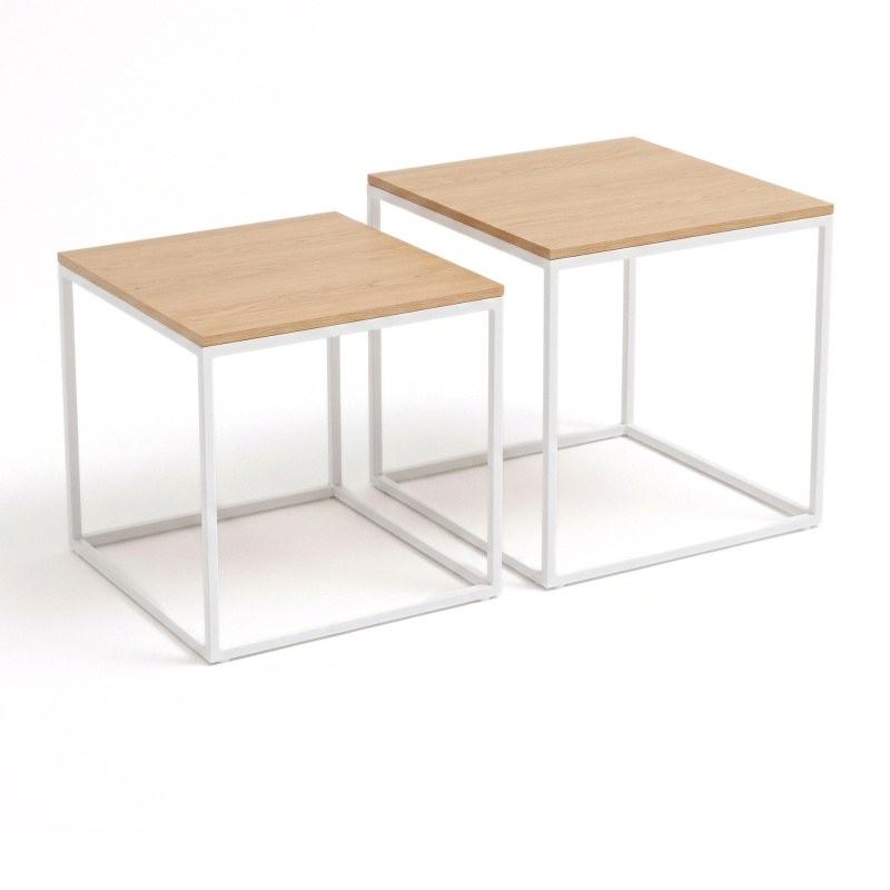 SCENA LIVING Sada 2 čtvercových konferenčních stolků různých velikostí, 50 x 50 x 50,5 cm - dubový dekor / bílý rám hnědý