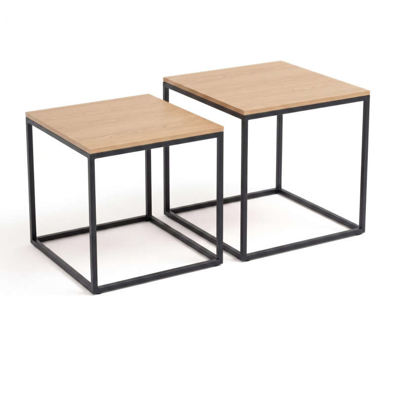 SCENA LIVING Sada 2 čtvercových konferenčních stolků různých velikostí, 50 x 50 x 50,5 cm - dubový dekor / černý rám hnědý