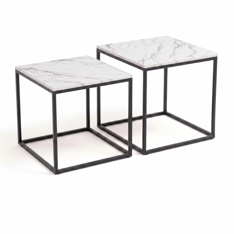 SCENA LIVING Sada 2 čtvercových konferenčních stolků různých velikostí, 50 x 50 x 50,5 cm - bílý mramor / černý rám bílý