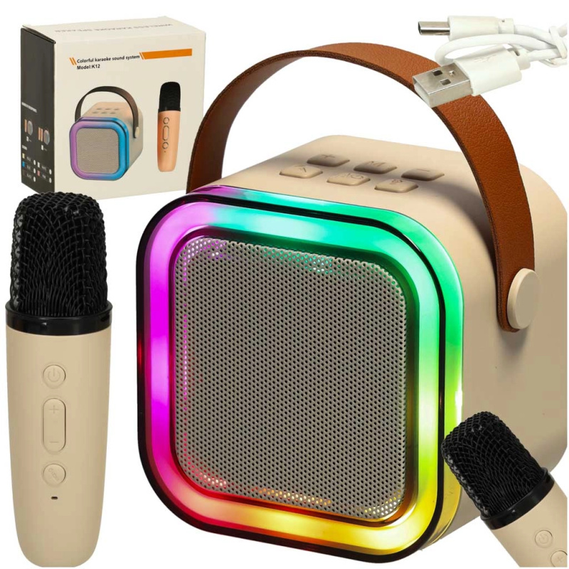 Přenosný karaoke set s Bluetooth, mikrofonem a LED – béžový