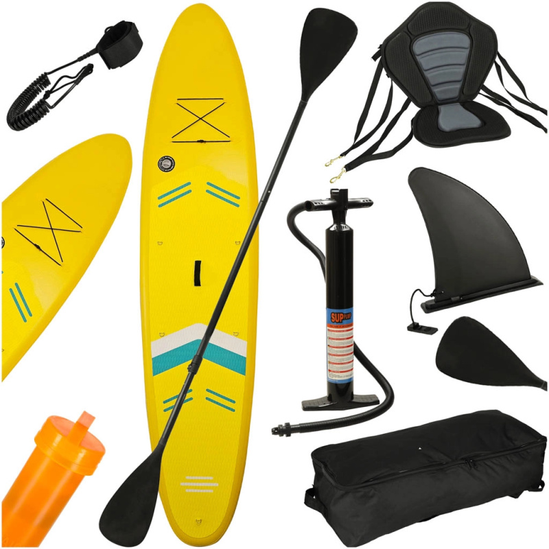 Žlutý nafukovací SUP paddleboard 350 cm se sedátkem a příslušenstvím